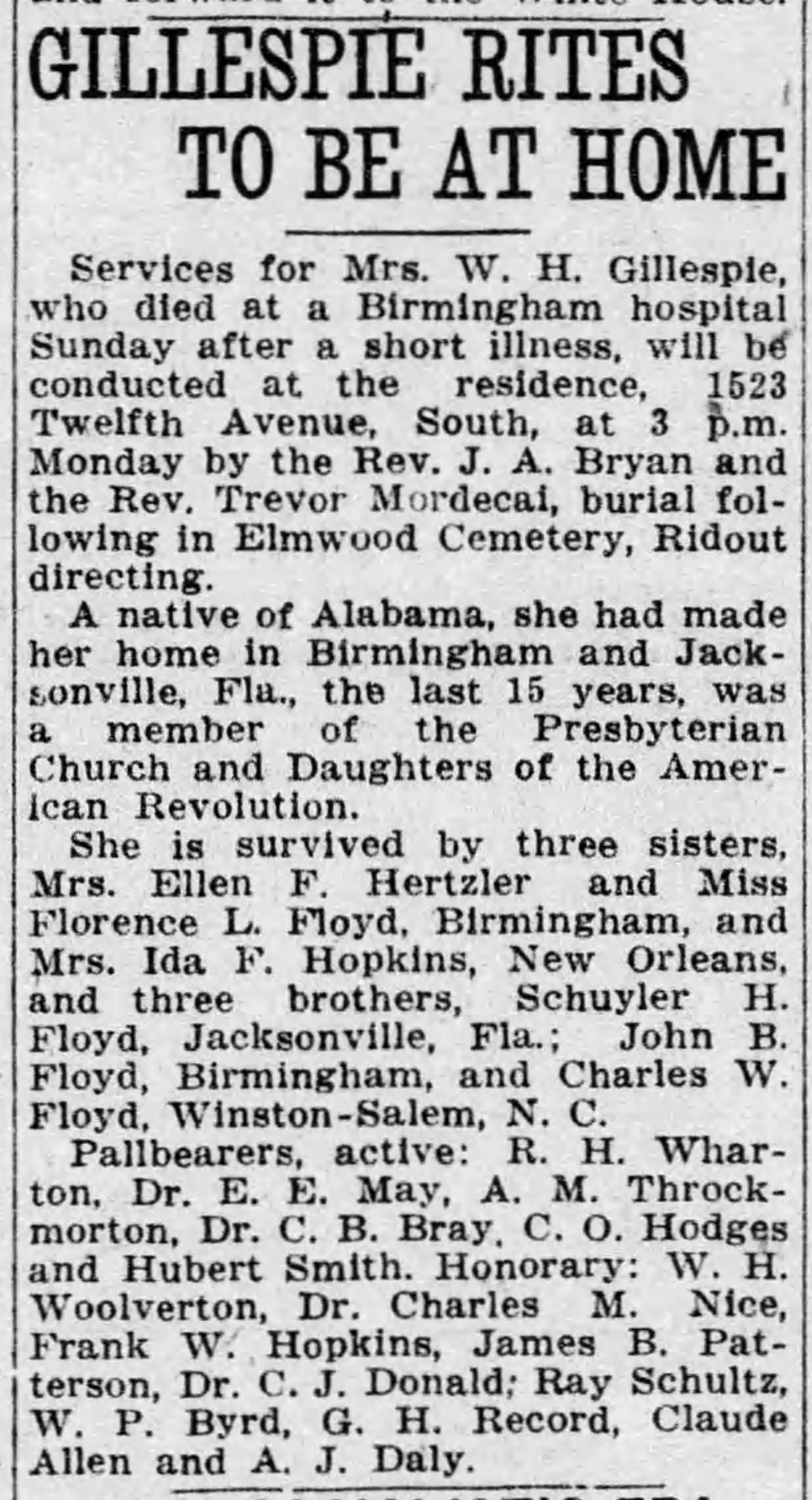 Mrs. W.H. Gillespie obituary